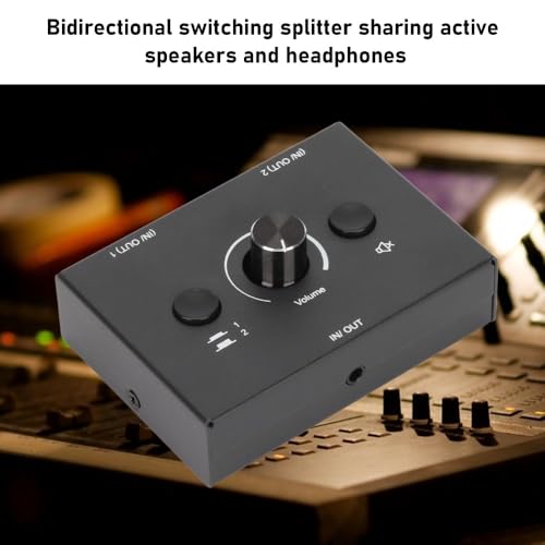 3.5mm Stereo Audio Switcher Bidirectional 2 in 1 Out or 1 in 2 Out Manual Selector Box with Mute Button Plug and Play for Speakers and Headphones