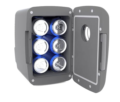 Frigidaire Mini Personal Fridge Cooler, 4L Capacity Chills Six 12 oz Cans, Portable & Compact, AC Plug & 12V Car Charger – GREY, BUILT IN BLUETOOTH SPEAKER - color: Grey