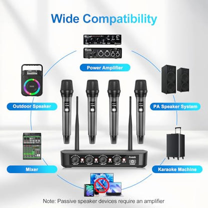 Aveek Wireless Microphone System 4 Pack, 262FT Long Range Low Latency Mics | 40H Rechargeable Battery, Stable Signal, Studio Sound, Handheld Karaoke Mics for Singing, Church, Speech, Wedding, Home Party