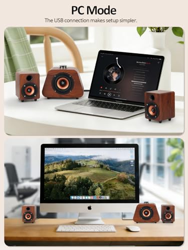 Computer Speakers, Mini PC Speaker with subwoofer,2.1 USB Powered Desktop Speakers, Bluetooth 5.0 and RCA Input pc Speakers for Desktop, Laptops, Phonograph, Phones, Tablets(K02) (Brown)