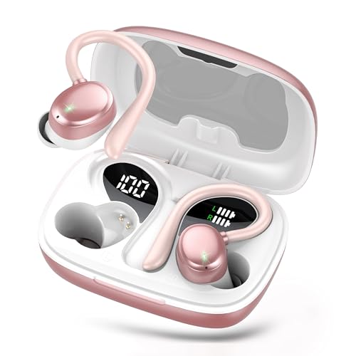 KT1 Bluetooth Headphones Wireless Earbuds 72hrs Playtime Wireless Charging Case Digital Display, Ear Buds with Earhook,IPX7 Waterproof, Deep Bass 2.0,Over-Ear Earphones for Sport Running - color: Rose Gold