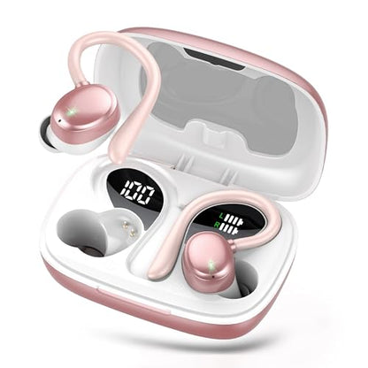 KT1 Bluetooth Headphones Wireless Earbuds 72hrs Playtime Wireless Charging Case Digital Display, Ear Buds with Earhook,IPX7 Waterproof, Deep Bass 2.0,Over-Ear Earphones for Sport Running - color: Rose Gold