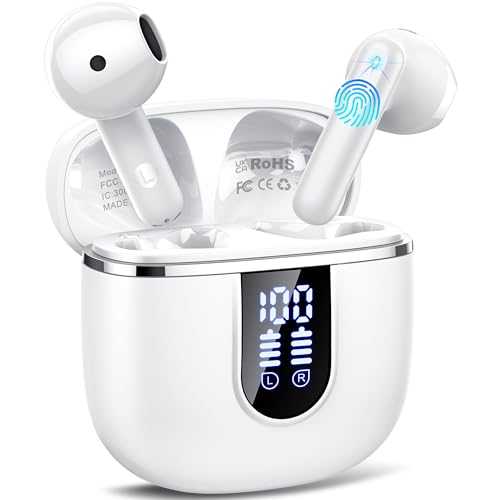 Wireless Earbuds, Bluetooth 5.4 Headphones with 3D Bass Stereo, 40H In-Ear Buds with 4 ENC Noise Cancelling Mic, Ultralight Bluetooth Earbuds USB-C LED, IP7 Waterproof Earphones for Android iOS, White - color: White