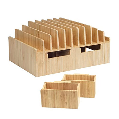 MobileVision Bamboo 10-Port Charging Station Plus 2 Caddy Add-On Combo to hold pens keys and extra storage - color: Stand + 2 Caddy Adapters