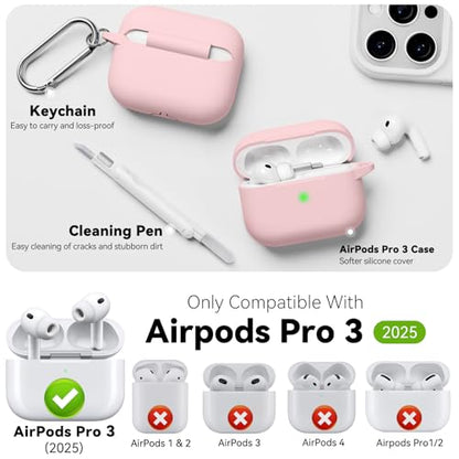 for AirPods Pro 3 Case 2025,Come with Cleaner Kit,Pink | Silicone Protective Cover for Airpod Pro 3rd Generation Case with Keychain,for Women Men,One-Piece Design,Shockproof - color: B-Pink