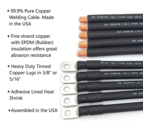 2 AWG Gauge Premium Battery Cables, Made in The USA, Positive or Negative, Red or Black, Replacement Battery Cables for Car, Truck, RV, Solar (2ft - 5/16" Lugs, Black) - size: 2ft - 5/16" Lugs, style: Black