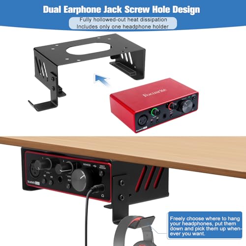 Under Desk Mount and Wall Mount for Focusrite Scarlett Solo 3rd/4th Gen | Metal Under Desk Mount for Audio Interfaces and Studio Gear with Adjustable Headphone Hanger Stand (Black）