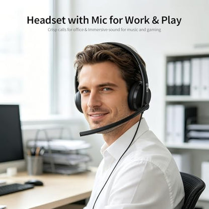 TOALLIN Wired Headset with Noise Canceling Mic, USB Stereo Headphones | Volume Control, One-key Mute & Answer Calls, Work with PC Laptop, Mac, Phone, Call Center and Office