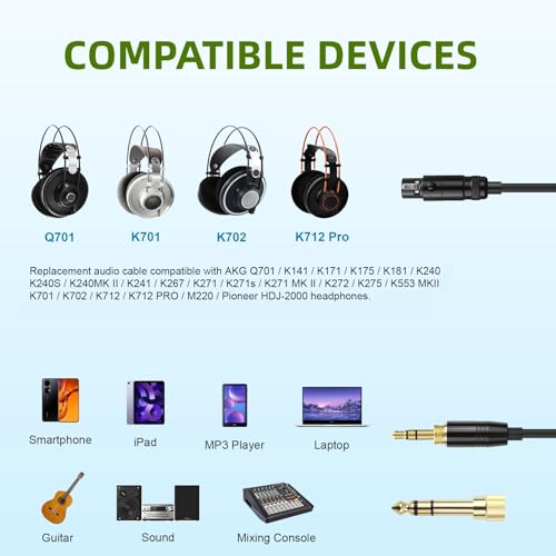 Replacement Coiled Audio Cord MINI XLR 3 Pin to 3.5 & 6.35mm Wire Compatible with AKG K712 K701 K702 K271 K272 K275 K240 K241 K267 K141 K171 K175 K181 M220 and Pioneer HDJ-2000 Headphones (5~10ft)