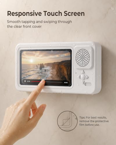 Shower Phone Holder Waterproof with Wireless Bluetooth Speaker | IP67, Anti-Fog HD Touch Screen, Bathroom Wall Mount Phone Case, 360° Rotating, Hands-Free Calls, Fits 4.7-7" Phones