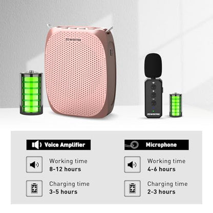 ZOWEETEK Wireless Voice Amplifier with Lavalier Mic for Teachers | Lapel Clip Mic, Portable Speaker, Mini Design, for Speech, Meeting, Yoga, Classroom, Rechargeable - color: Rose gold