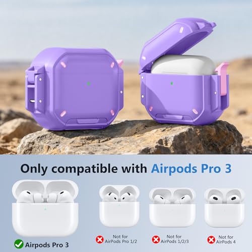 for AirPods Pro 3 Case, IP68 Waterproof Military Grade Protective Cover for AirPods Pro 3rd Gen, Anti-Scratch Hard Shell Cover with Secure Lock, Keychain & Phone Stand (2025), Purper - color: Purper