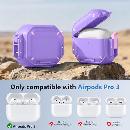 for AirPods Pro 3 Case, IP68 Waterproof Military Grade Protective Cover for AirPods Pro 3rd Gen, Anti-Scratch Hard Shell Cover with Secure Lock, Keychain & Phone Stand (2025), Purper - color: Purper