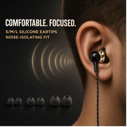 Betron AX5 Earphones Wired Earbud Headphones with Microphone | 3.5mm Jack, Plug in, Tangle-Free Cable, Sound Isolation, S/M/L Ear Buds , Carry Case included