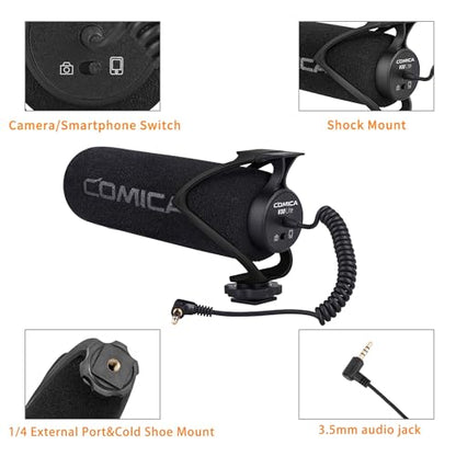 COMICA CVM-V30 LITE Video Microphone,Super-Cardioid Condenser On-Camera Shotgun Microphone for Canon Nikon Sony Panasonic DSLR Cameras,Mic for iPhone Android Smartphone with 3.5mm Jack(Black) - color: Black