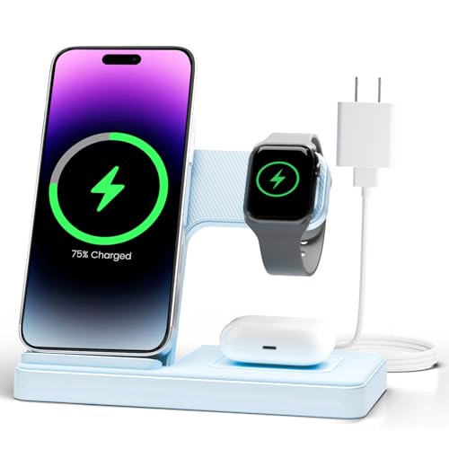 GETPALS Wireless Charger iPhone Charging Station for Apple Multiple Devices | 3 in 1 Charger Stand for iPhone 17 Pro Max 17e 16 16e 15 14 13 12 & Watch Series 11-2 SE Ultra & Airpods 4 3 Pro, Blue - color: Blue