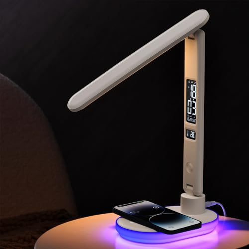 IHAO Luxury Multifunctional LED Desk Lamp10W Qi Wireless Charger Digital Alarm Clock Ambient Light & Temperature Display Adjustable Eye-Care Table Lamp with Leather Texture Design Table Lamp-U20 White - color: Table Lamp UL-U20 White