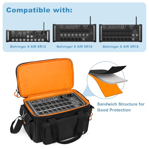 Carry Bag Compatible with Behringer X-AIR Series Mixers XR12, XR16, XR18 | Mixer Double Layer DJ Gig Bag, with Multiple Pockets for Accessories, Audio Case with Shoulder Strap, Padded, Black