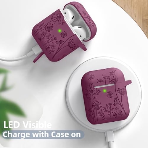Lerobo for AirPod Case 2nd/1st Generation with Keychain | Flower Engraved Soft Silicone Cover for AirPods 2 Case, Wireless Charging, Shockproof, One-piece Design, Easy to Clean - color: Purplish Red