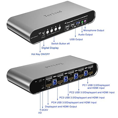 4 Computers 2 Monitors Automatic KVM Switch, HDMI 4k@60Hz + DP 8K 30Hz 4K@144Hz, Aluminum Alloy Shell, Digital Display, Audio/Microphone, hotkey, HDR10 with Cables - style: 4 Computers 2 Monitors (HDMI + DP) USB 3.0