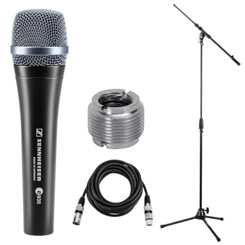 Sennheiser e 935 Wired Professional Cardioid Dynamic Handheld Vocal Microphone with Clip - Bundle with H&A Tripod Stand Telescoping Boom, 25' XLR M to F Cable | Cardioid dynamic microphone with tripod stand and XLR cable for live performance, studio recor