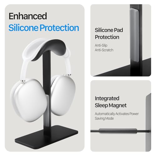 Headphone Stand for AirPods Max 2 & 1 Auto Sleep Mode, Black | Aluminum Pole & Stable Base, Anti-Scratch ABS Headset Holder, Anti-Scratch Touch Surface, Universal Compatibility - color: Black