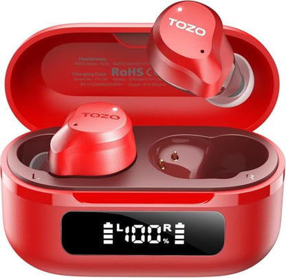 TOZO NC9 Hybrid Active Noise Cancelling Wireless Earbuds, 6 Mics ENC Clear Call, IPX8 Waterproof, in Ear Bluetooth 5.3 Headphones Stereo Bass Ear Buds 60H Playtime with LED Display 32 EQs via APP - color: Bright Red