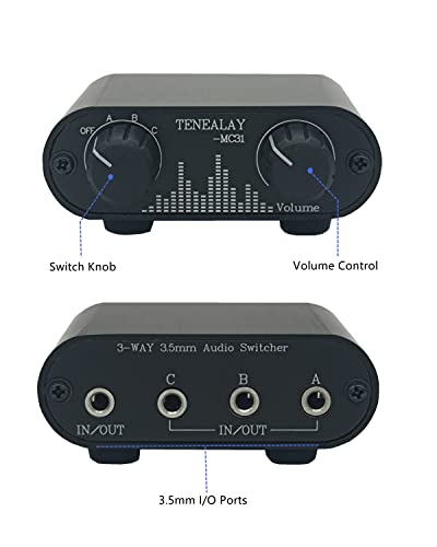 3.5mm Audio Switch with line Volume Controller, 3 in 1 Out 1/8" aux switcher Splitter selector Box, Mini Inline Headphone attenuator Volume Control knob -MC31 - color: 3-port 3.5mm Switch with volume