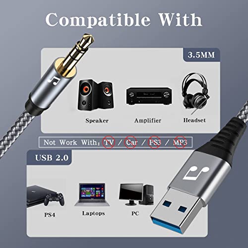 6FT USB to 3.5mm Audio Jack Adapter，USB 2.0 to 3.5mm AUX Stereo Audio Cord，Compatibility with Laptop, Speaker, Support Windows，Not Applicable to Charging and MP3, Truck, TV USB Ports