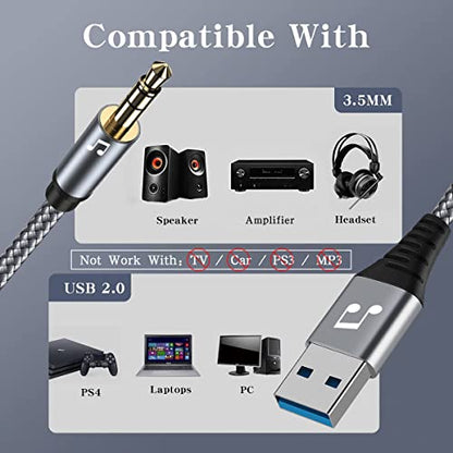 6FT USB to 3.5mm Audio Jack Adapter，USB 2.0 to 3.5mm AUX Stereo Audio Cord，Compatibility with Laptop, Speaker, Support Windows，Not Applicable to Charging and MP3, Truck, TV USB Ports