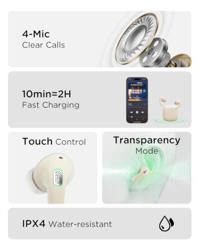 TALIX T30 Noise Cancelling Earbuds with Phone Stand, Punchy Bass, 4-Mic, True Wireless Bluetooth 6.0 in Ear Headphones, 28H Playtime, IPX4(Off-White) - color: Off-white