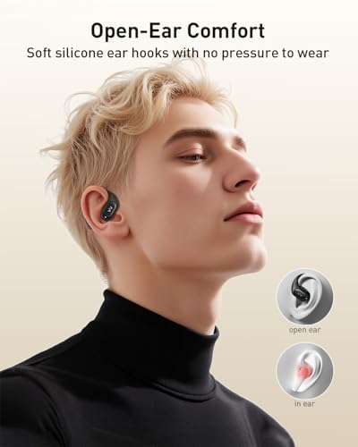 iWALK Open-Ear Headphones, True Wireless Headphones Bluetooth 5.4 Light Earbuds, Ultra Comfort Earhooks, 35H Playtimes, Clear Calls, Air Conduction Stereo Sound with 15mm Drivers for Workouts (Black) - color: Black