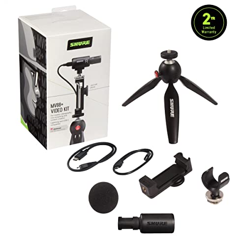 Shure MV88+ USB-C Video Kit Stereo Condenser Microphone | Stereo condenser mic for Apple and Android with Manfrotto PIXI tripod, phone clamp, and iOS and USB-C cables - size: Compact, style: MV88+ Wired KIT