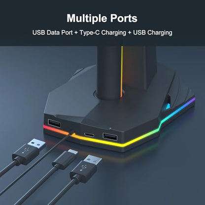 Zunate 3 in 1 RGB Gaming Controller Charging Stand with Headphone Holder, Dual USB and USB C Ports, 4 Lighting Modes, Dock for 2 Game Controllers and Headsets