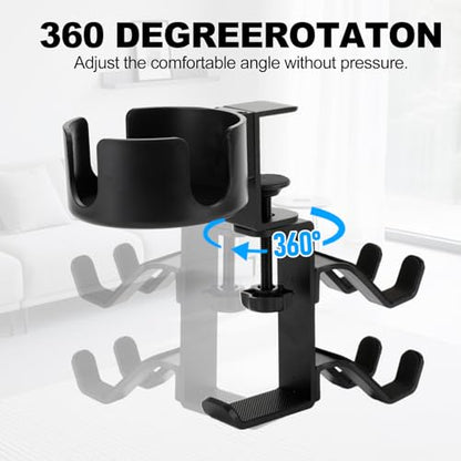 Desk Controller Holder with Headphone Hanger, 360° Rotating 3 in 1 Desk Anti-Spill Cup Holder with Headset Stand, Aluminum and Plastic