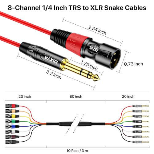 EBXYA 8 Channel 1/4 Inch TRS to XLR Snake Cables,Recording Snake Cable | 6.35mm Male Jack Stereo Audio Balanced Line to XLR Cables,10 Feet 1 Pack - size: 8-Channel 10 Feet, style: TRS to XLR Male