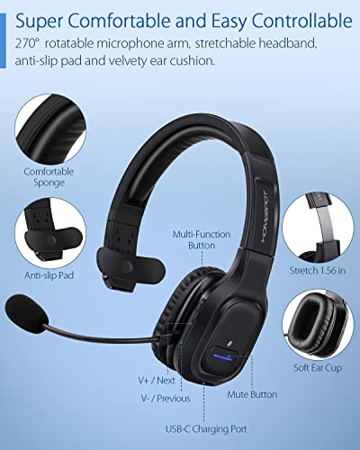 JM100 Trucker Bluetooth Headset with AI Noise Canceling, Wireless Headset with Rotatable Microphone and Big Mute Button, 34 Hrs Talk Time for Trucking, Home Office, Call Center