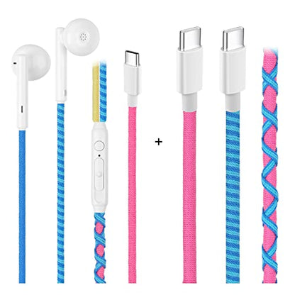 2packs Braided USB C Earphones, Colorful Earbuds, in Ear Headphones with Mic + USB C PD Charging Cables 2 Hours Full Charged