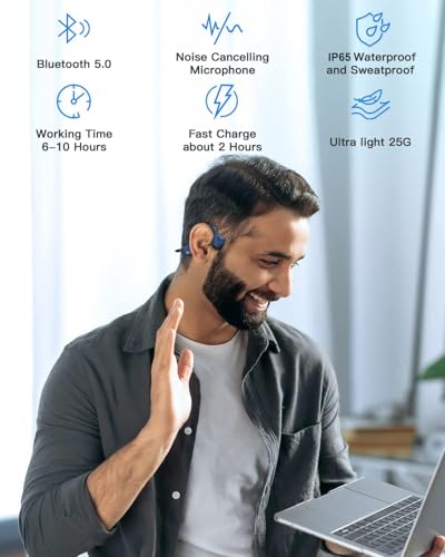 Bluetooth Headphones Waterproof Bone Conduction Headset Open Ear Earphones Blue Headset with mic, Bluetooth Headset with mic - color: Blue