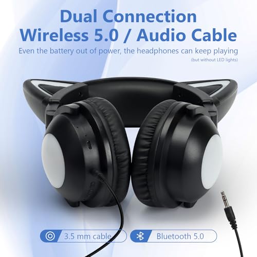 Cat Ear Bluetooth Headphones for Kids,Over Ear Headphones with Microphone | LED Foldable Wired & Wireless Gaming Headset,Cute Headphones for Kids for School,Compatible with Phone/PC/Tablet/TV,Black - color: Black