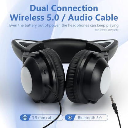 Cat Ear Bluetooth Headphones for Kids,Over Ear Headphones with Microphone | LED Foldable Wired & Wireless Gaming Headset,Cute Headphones for Kids for School,Compatible with Phone/PC/Tablet/TV,Black - color: Black