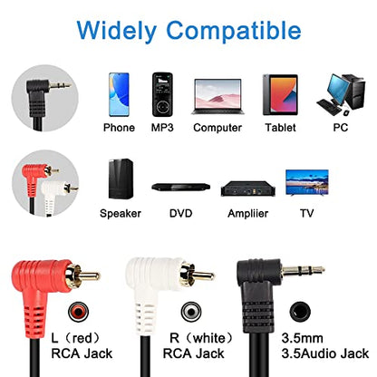 XMSJSIY 90 Degree Right Angle 3.5mm to 2 RCA Cable, Angle 1/8" 3.5mm TRS