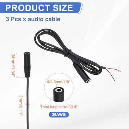MECCANIXITY 3pcs 3.5mm Female Jack to Bare Wire Open End Replacement 26AWG TRS 2 Pole Stereo 1/8" Mono Jack to Bare Wire 34mm for Earphone Headphone Cable Repair, 39.4inches - size: 39.4inches
