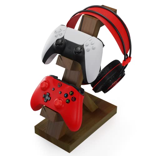 Wooden Headset & Controller Stand for Desk – Gaming Headphone and Gamepad Holder