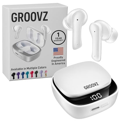 Groovz True Wireless Earbuds with Charging Case - Designed and Engineered in The USA - IPx4 Water Resistant Bluetooth Earbuds Compatible with Apple and Android - 27Hrs Battery Life - White - color: White