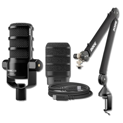 Rode PodMic USB Dynamic Broadcast Microphone Bundle with PSA1+ Silent Boom Arm and 10-Foot Balanced XLR Cable — Dual XLR and USB-C Studio Mic for Podcasting, Live Streaming, Voice Over, Broadcasting