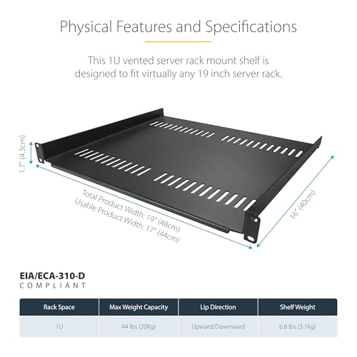 StarTech 1U Vented Cantilever Rack Shelf, 16in, 44lb/20kg (CABSHELF116V) | Universal vented rack mount tray, For 19in network equipment rack & cabinet, Heavy duty steel, 16in deep - size: 16", style: single