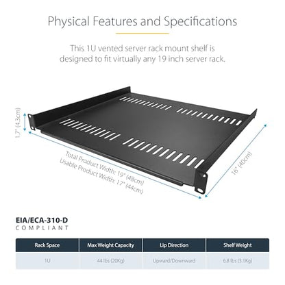 StarTech 1U Vented Cantilever Rack Shelf, 16in, 44lb/20kg (CABSHELF116V) | Universal vented rack mount tray, For 19in network equipment rack & cabinet, Heavy duty steel, 16in deep - size: 16", style: single