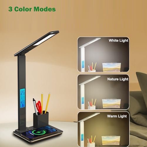 IHAO 7in1 Smart Desk Lamp with Wireless Charger & Digital Clock | 15W Fast Charging for Phone & Earbuds, Time/Date/Temp Display, Alarm, 3 Light Modes, USB Port, Detachable Pen Brush Pot-HYT1771 Black - color: Table Lamp with Brush Pot HYT1771 Black