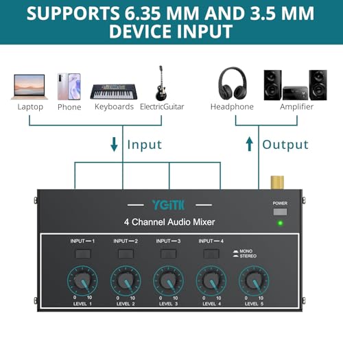 Mini Audio Mixer, 4 Channel Stereo Line Mixer 1/4" & 1/8" TSR Audio Output Input Jack, Line Mixer Stereo/Mono Independent Control and Switch for Guitars,Bass,Keyboards, Dynamic Microphone - size: Medium(4-channel)